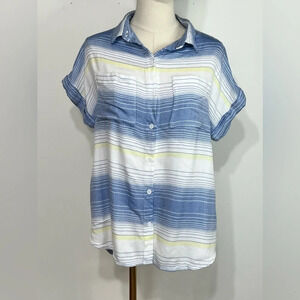 Beach Lunch Lounge Blue Striped Short Sleeve Button Up Shirt Size Small